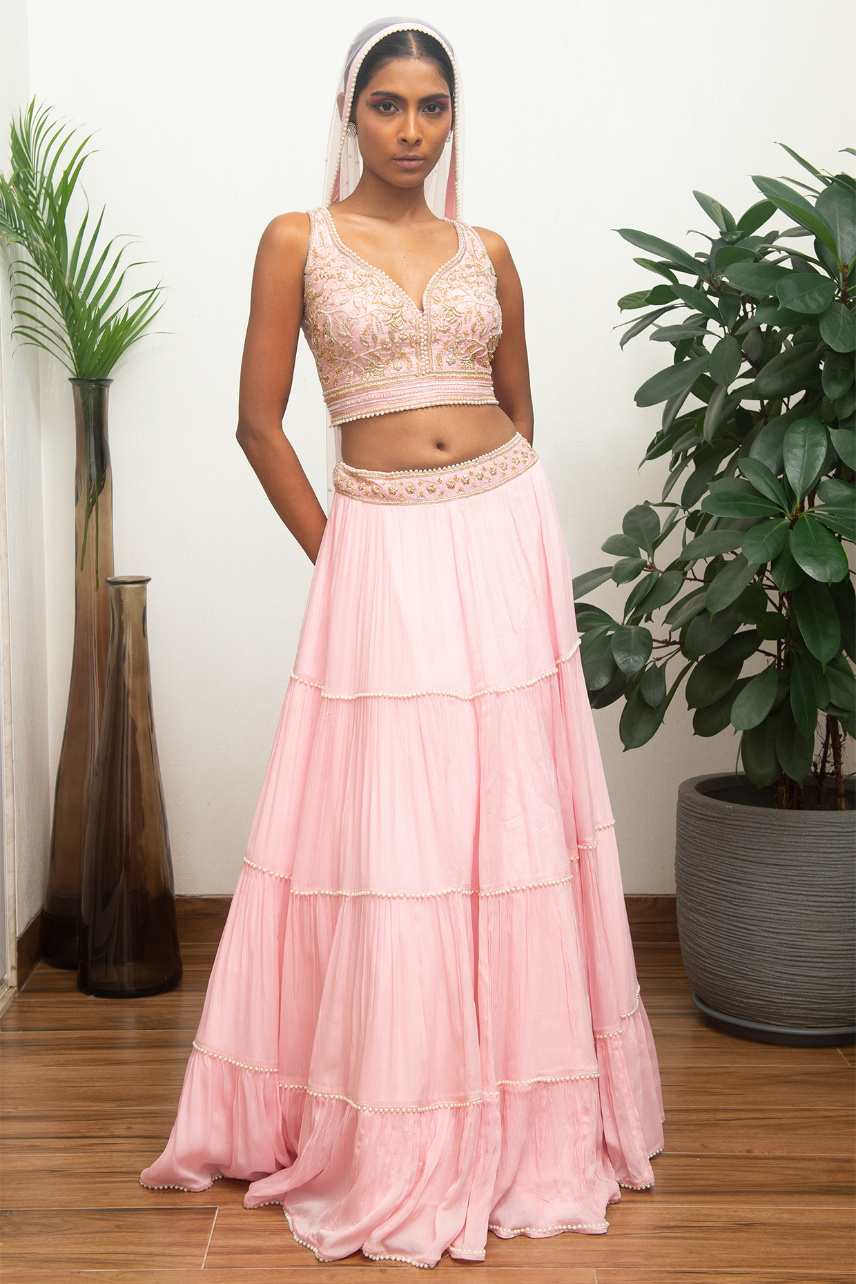 Pink Chiffon Embroidered Lehenga Set by Sneha Parekh