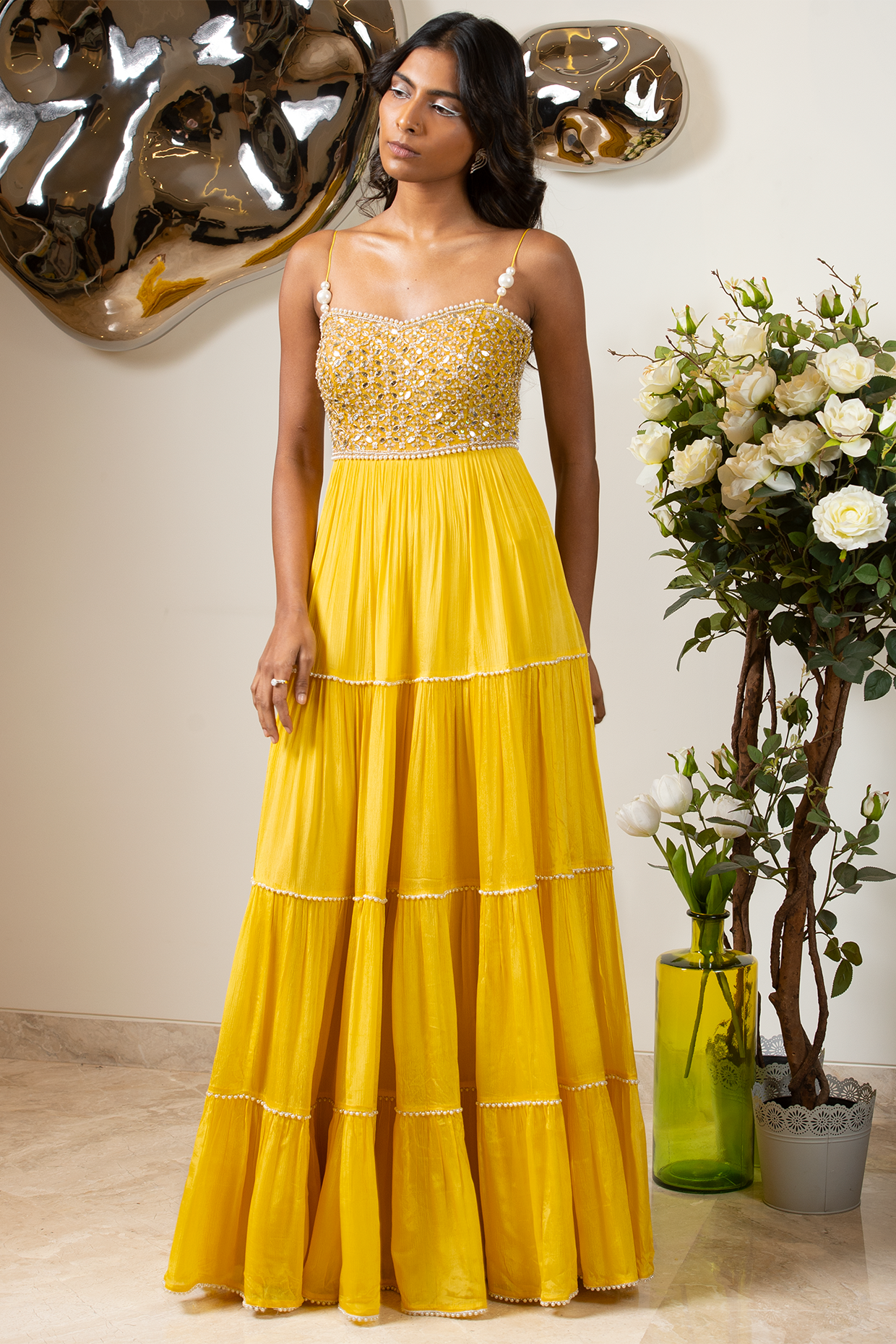 Yellow Chiffon Embroidered Anarkali Set by Sneha Parekh