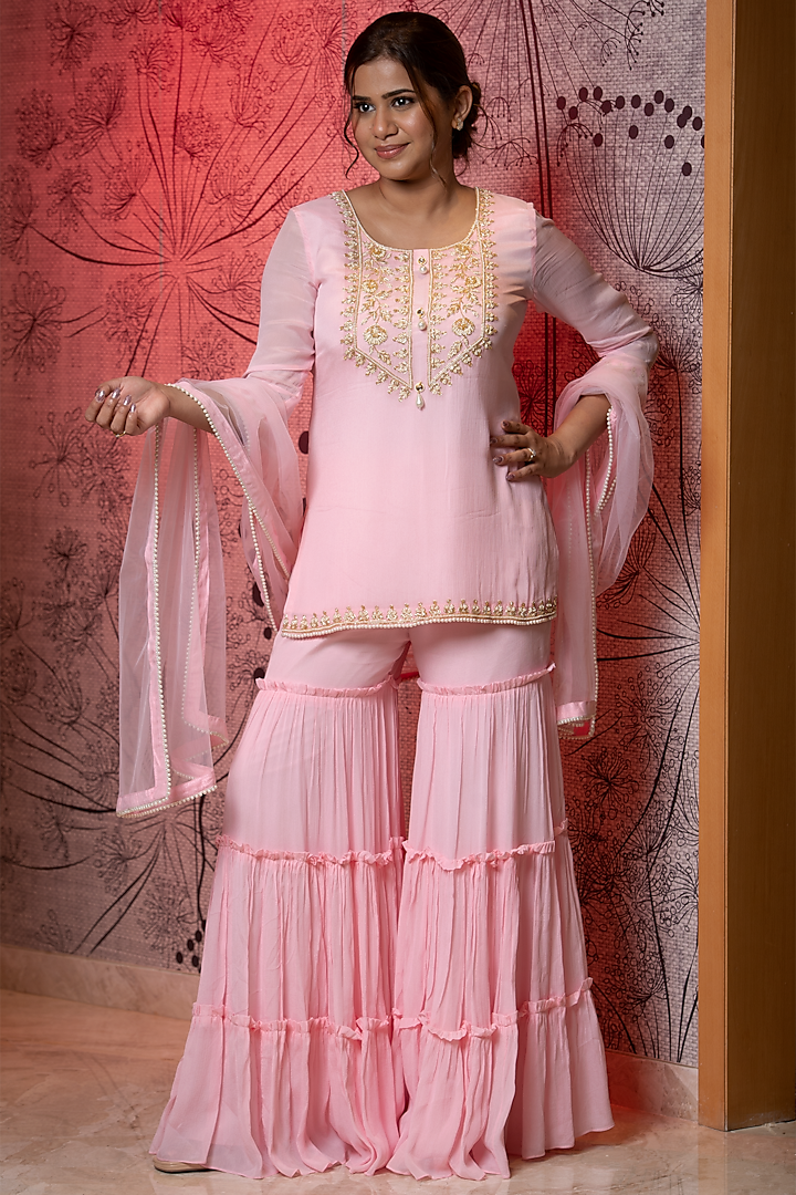 Pink Chiffon Embroidered Sharara Set by Sneha Parekh