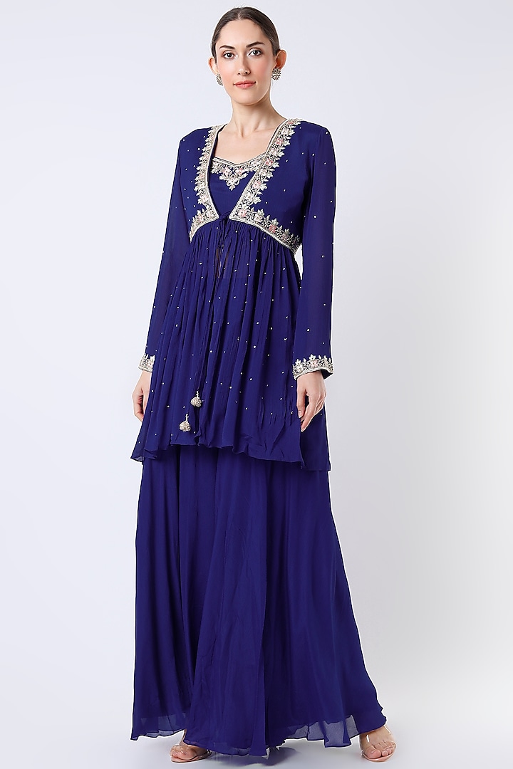 Cobalt Blue Hand Embroidered Sharara Set by Sneha Parekh