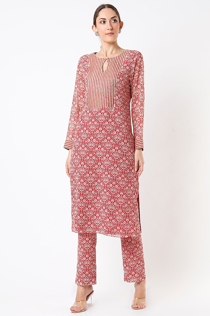 Faded Red Printed & Embroidered Kurta Set by Sneha Parekh
