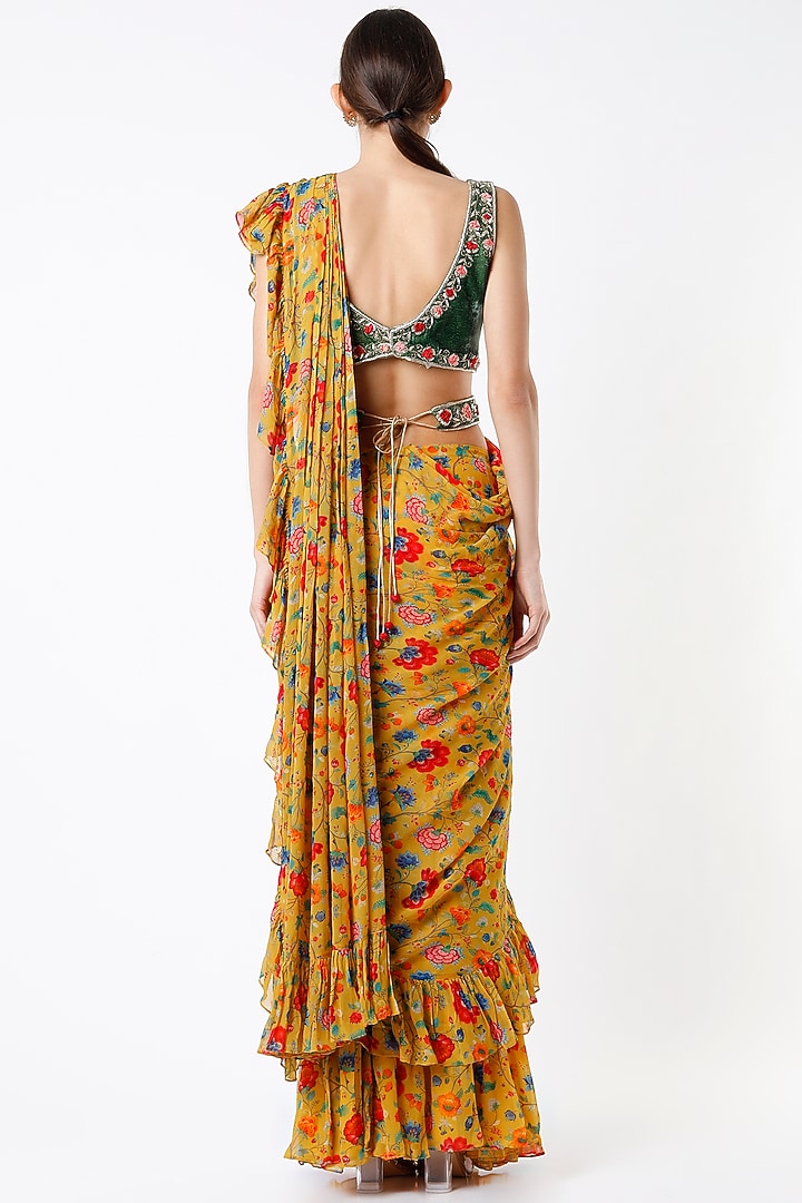 Mustard Georgette Printed Ruffled Draped Saree Set by Sneha Parekh at Pernia's Pop Up Shop