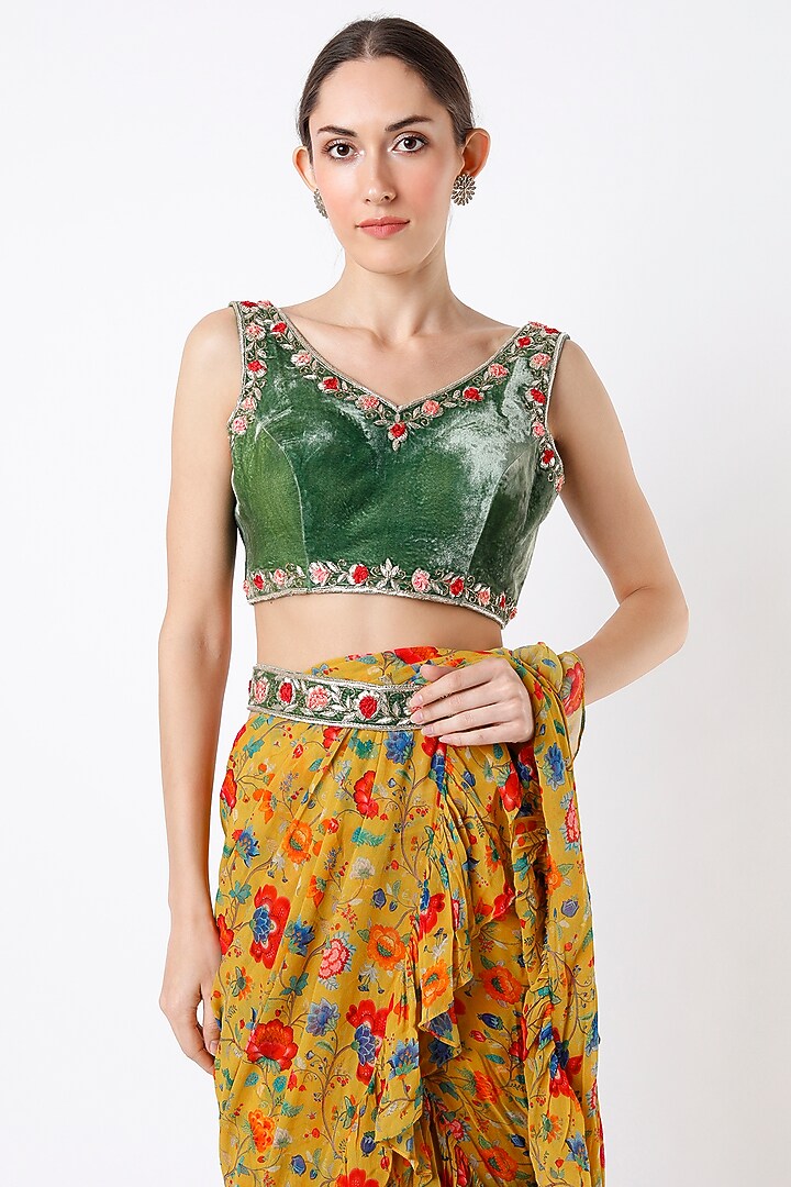 Mustard Georgette Printed Ruffled Draped Saree Set by Sneha Parekh at Pernia's Pop Up Shop