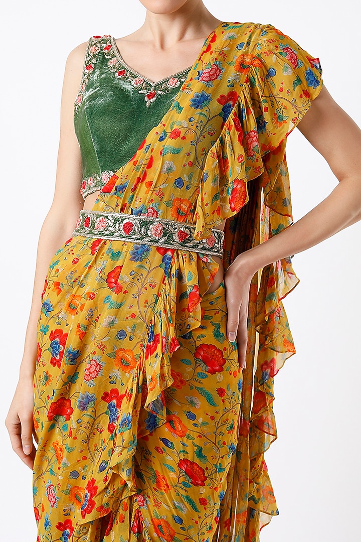 Mustard Georgette Printed Ruffled Draped Saree Set by Sneha Parekh at Pernia's Pop Up Shop