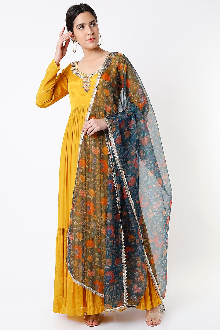 Yellow Hand Embroidered Anarkali Set by Sneha Parekh
