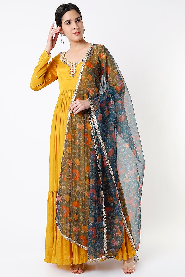 Yellow Hand Embroidered Anarkali Set by Sneha Parekh at Pernia's Pop Up Shop