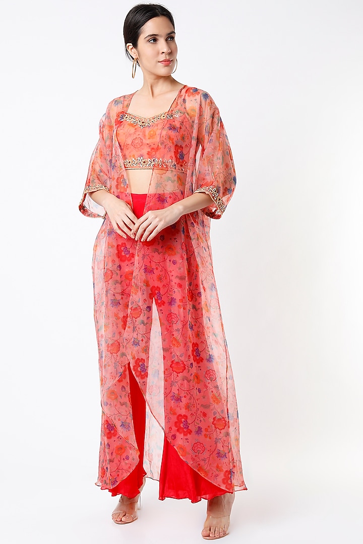 Peach Hand Embroidered Jacket Set by Sneha Parekh