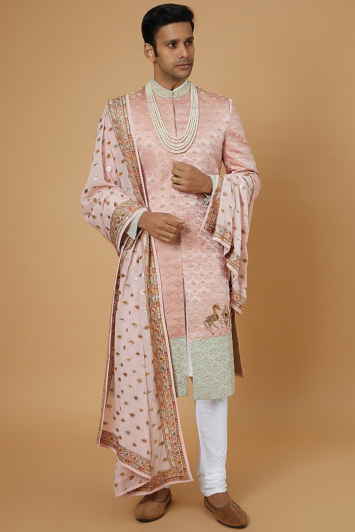 Powder Pink Silk Embroidered Sherwani Set by Soniya G Men