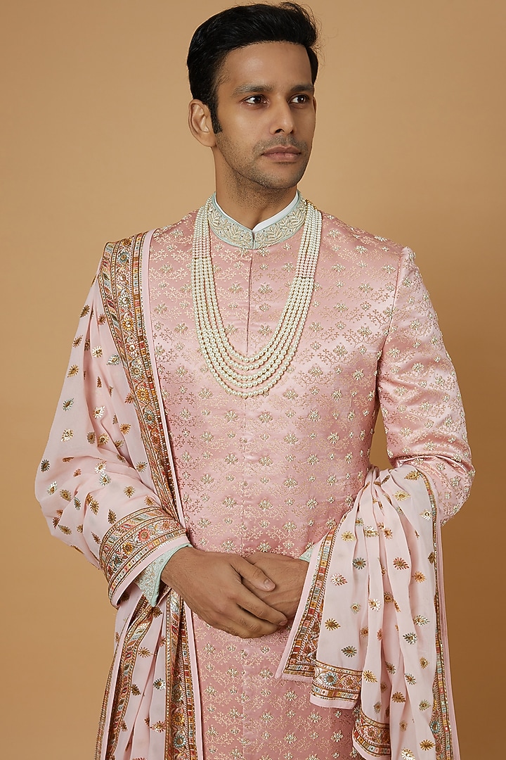 Powder Pink Silk Embroidered Groom Sherwani Set by Soniya G Men at Pernia's Pop Up Shop
