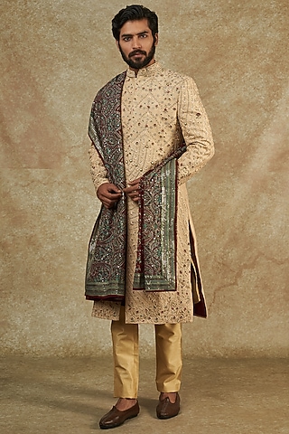 Beige Raw Silk Embroidered Sherwani Set by Soniya G Men