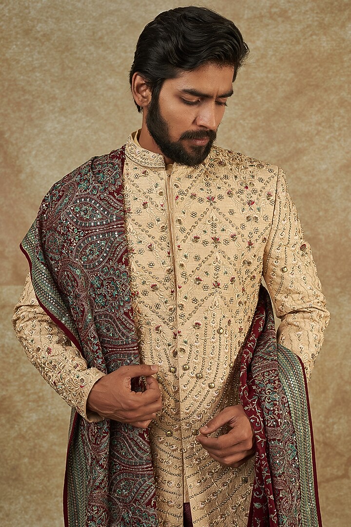 Beige Raw Silk Embroidered Groom Sherwani Set by Soniya G Men at Pernia's Pop Up Shop