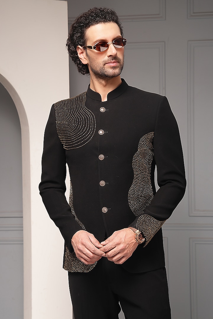 Black Premium Suiting Embellished Wedding Bandhgala Set by Soniya G Men at Pernia's Pop Up Shop