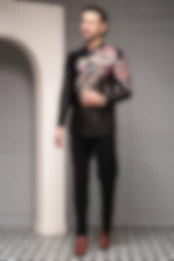 Black Premium Suiting Floral Embroidered Wedding Bandhgala Set by Soniya G Men at Pernia's Pop Up Shop