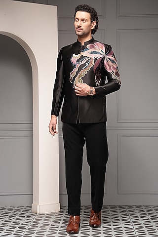 Black Premium Suiting Floral Embroidered Bandhgala Set by Soniya G Men