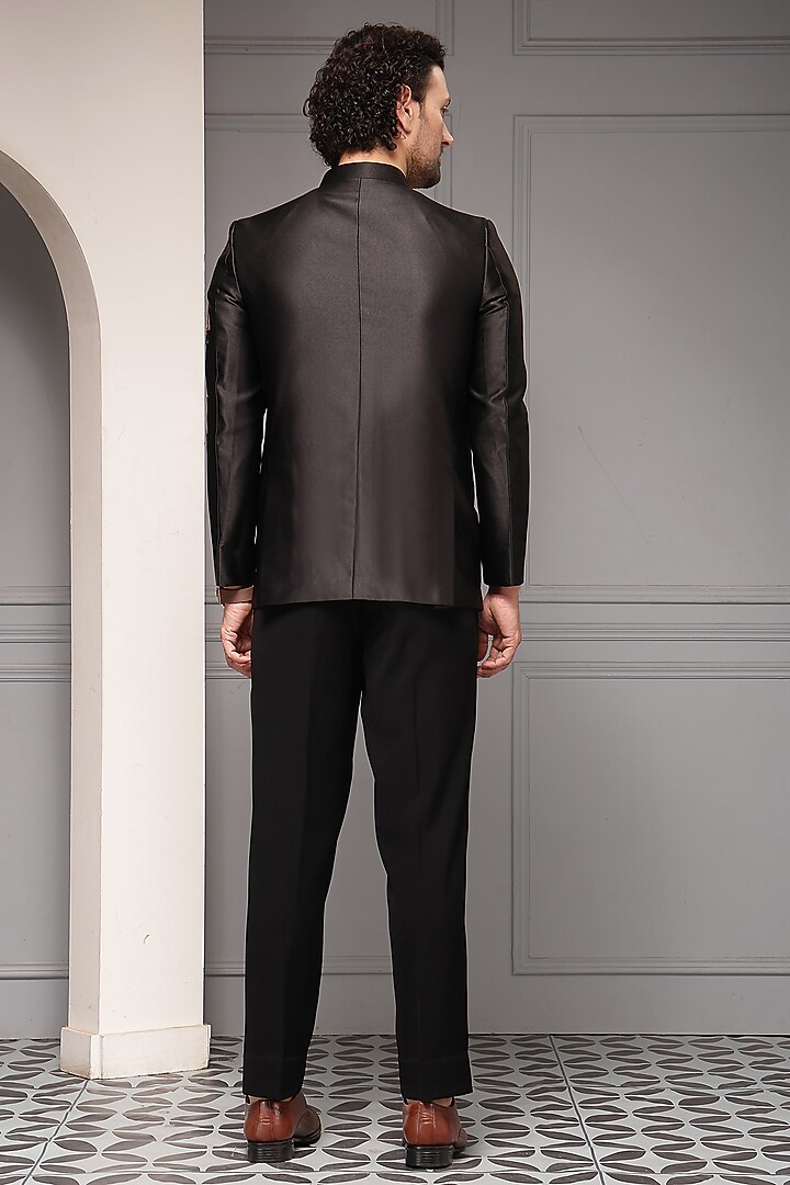 Black Premium Suiting Floral Embroidered Wedding Bandhgala Set by Soniya G Men at Pernia's Pop Up Shop