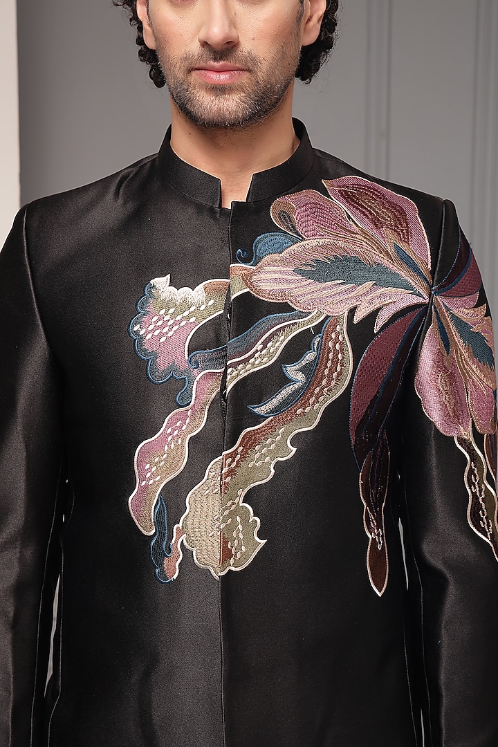 Black Premium Suiting Floral Embroidered Wedding Bandhgala Set by Soniya G Men at Pernia's Pop Up Shop