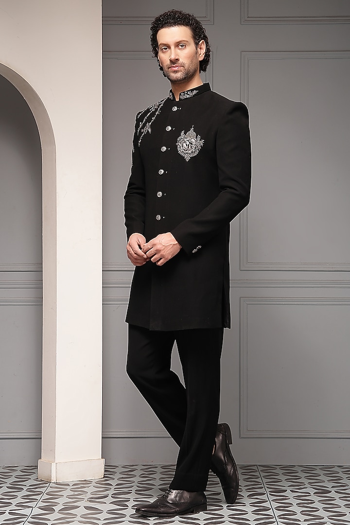 Black Premium Suiting Silver Embroidered Wedding Bandhgala Set by Soniya G Men at Pernia's Pop Up Shop