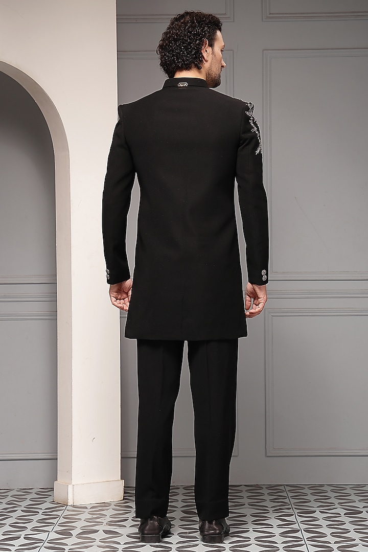 Black Premium Suiting Silver Embroidered Wedding Bandhgala Set by Soniya G Men at Pernia's Pop Up Shop