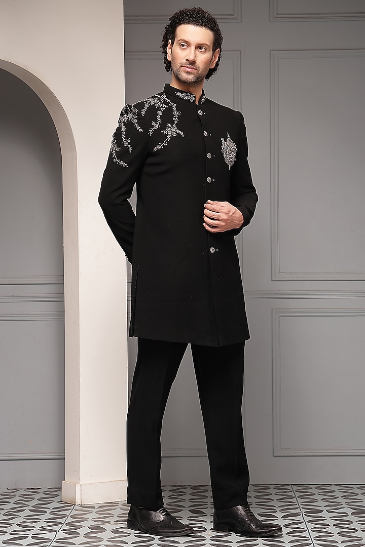 Black Premium Suiting Silver Embroidered Wedding Bandhgala Set by Soniya G Men at Pernia's Pop Up Shop