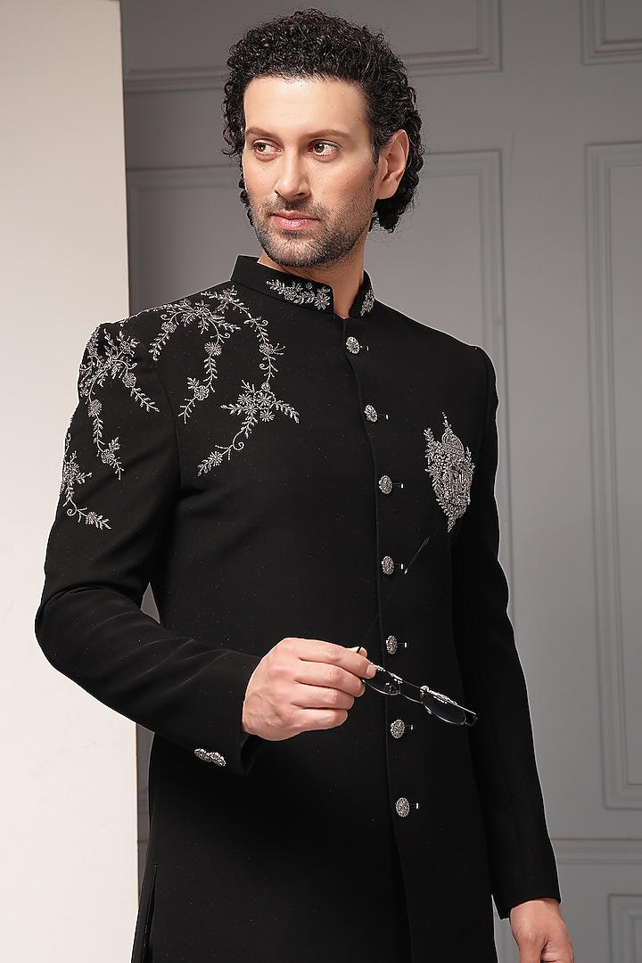 Black Premium Suiting Silver Embroidered Wedding Bandhgala Set by Soniya G Men at Pernia's Pop Up Shop