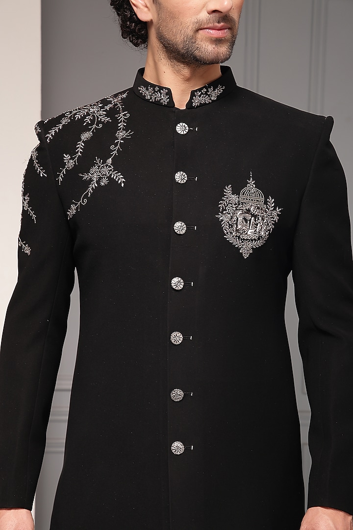 Black Premium Suiting Silver Embroidered Wedding Bandhgala Set by Soniya G Men at Pernia's Pop Up Shop