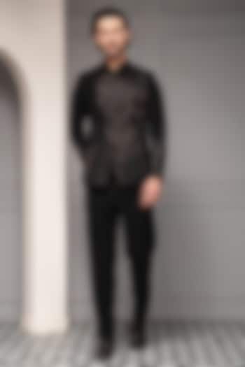 Black Premium Suiting Floral Embroidered Wedding Bandhgala Set by Soniya G Men at Pernia's Pop Up Shop
