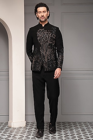 Black Premium Suiting Floral Embroidered Bandhgala Set by Soniya G Men