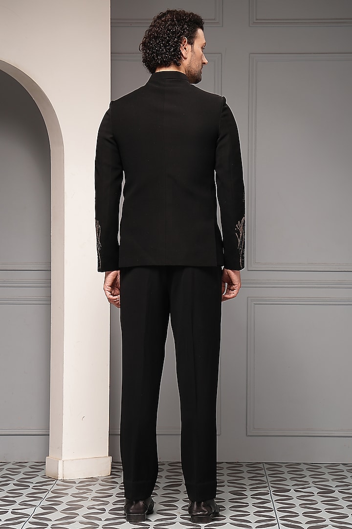 Black Premium Suiting Floral Embroidered Wedding Bandhgala Set by Soniya G Men at Pernia's Pop Up Shop
