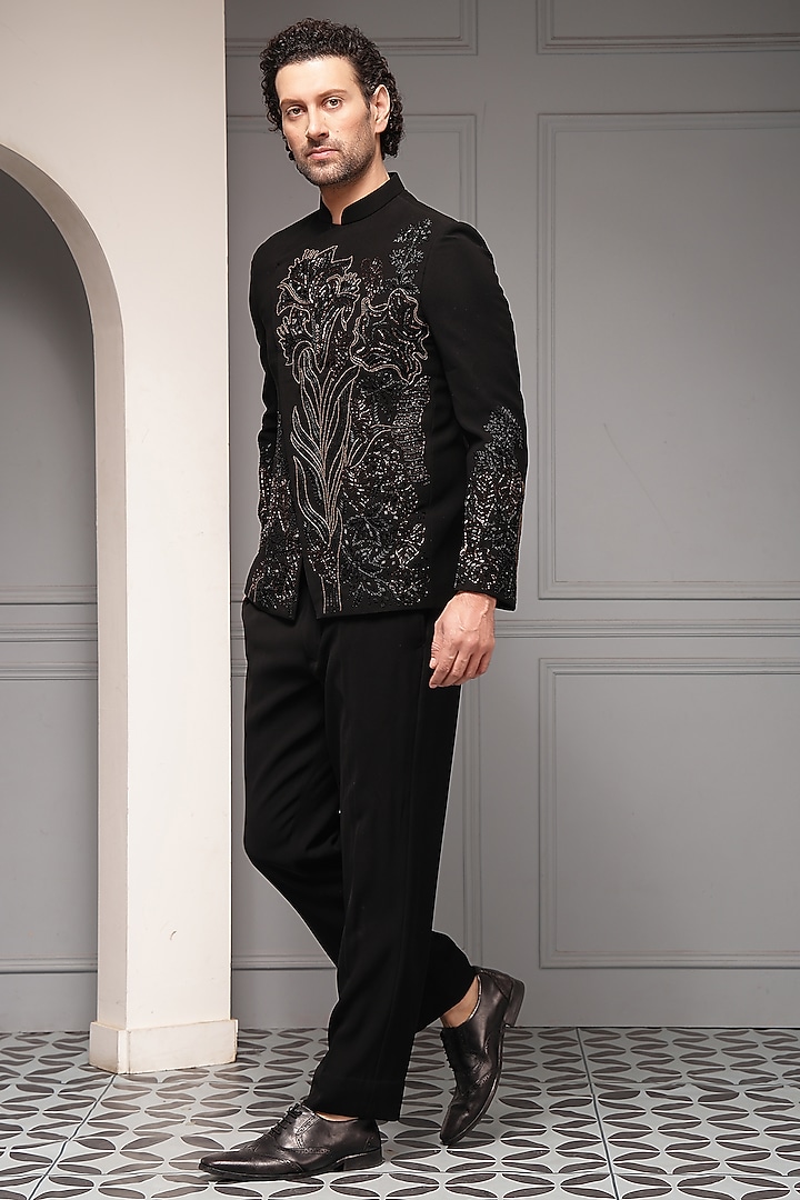 Black Premium Suiting Floral Embroidered Wedding Bandhgala Set by Soniya G Men at Pernia's Pop Up Shop