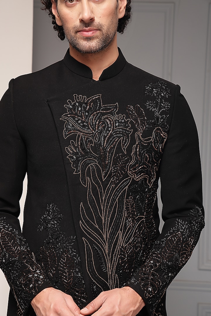 Black Premium Suiting Floral Embroidered Wedding Bandhgala Set by Soniya G Men at Pernia's Pop Up Shop