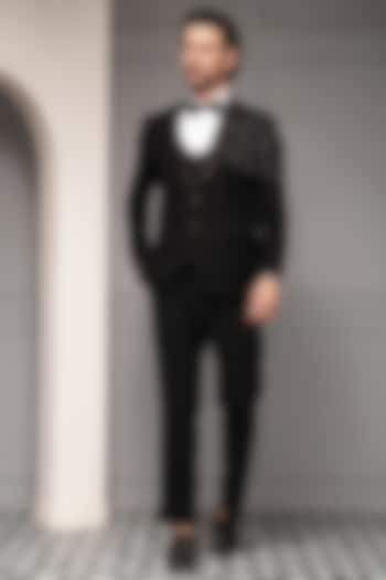 Black Premium Suiting Tonal Embellished Tuxedo Set by Soniya G Men at Pernia's Pop Up Shop