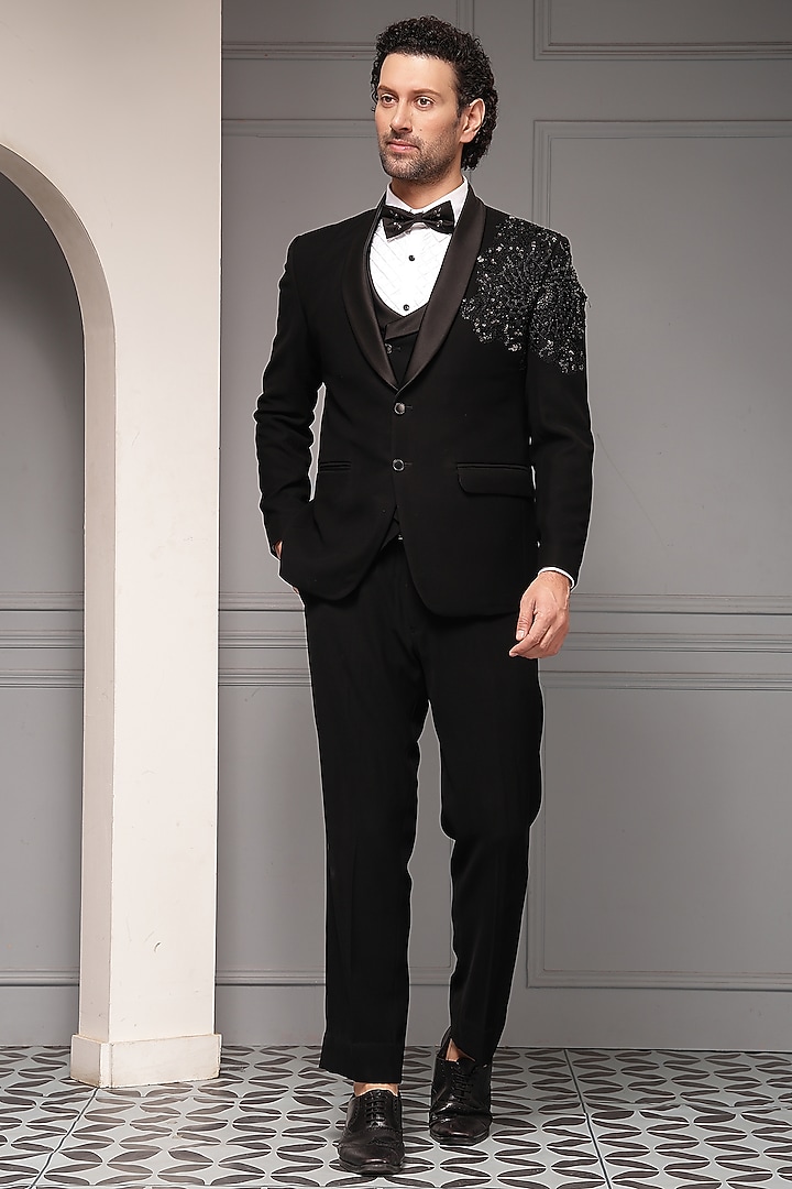 Black Premium Suiting Tonal Embellished Tuxedo Set by Soniya G Men at Pernia's Pop Up Shop
