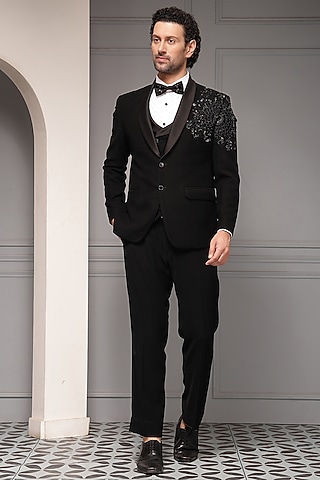 Black Premium Suiting Tonal Embellished Tuxedo Set by Soniya G Men