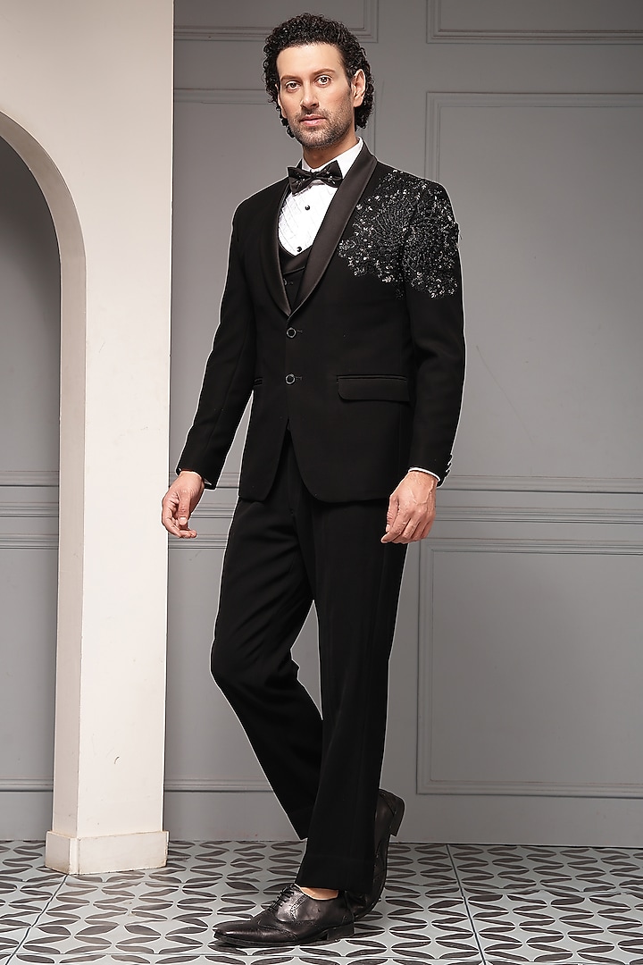 Black Premium Suiting Tonal Embellished Tuxedo Set by Soniya G Men at Pernia's Pop Up Shop
