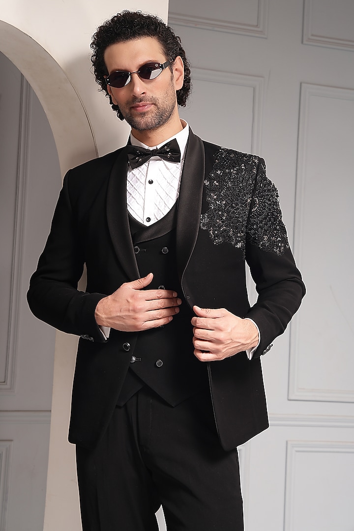 Black Premium Suiting Tonal Embellished Tuxedo Set by Soniya G Men at Pernia's Pop Up Shop