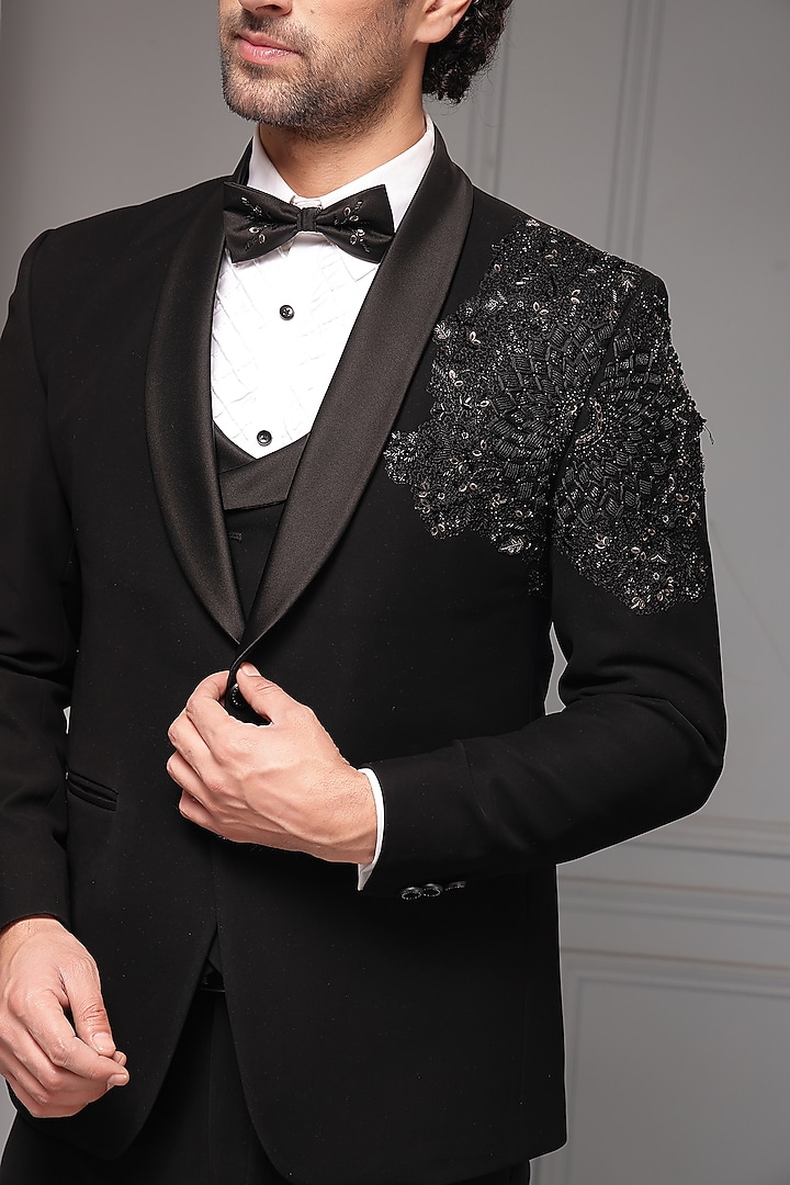 Black Premium Suiting Tonal Embellished Tuxedo Set by Soniya G Men at Pernia's Pop Up Shop