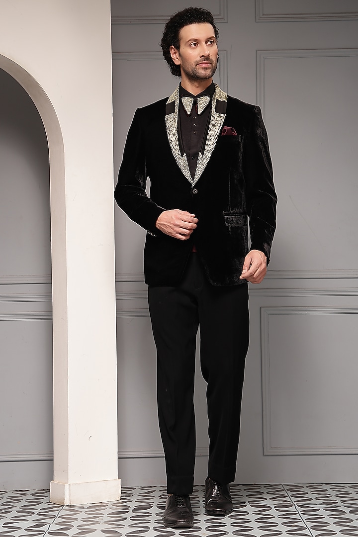 Black Premium Velvet Embellished Tuxedo Set by Soniya G Men at Pernia's Pop Up Shop