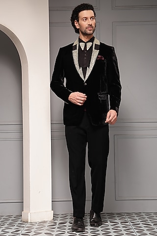 Black Premium Velvet Embellished Tuxedo Set by Soniya G Men