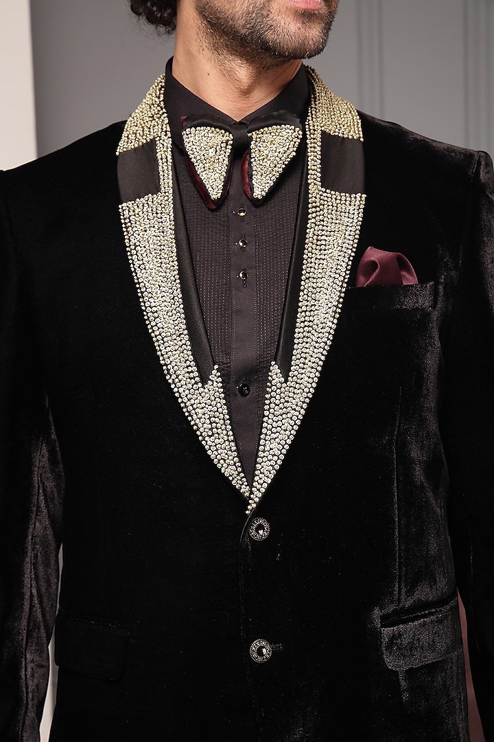 Black Premium Velvet Embellished Tuxedo Set by Soniya G Men at Pernia's Pop Up Shop