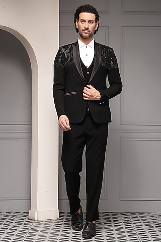 Black Premium Suiting Embellished Blazer Set by Soniya G Men