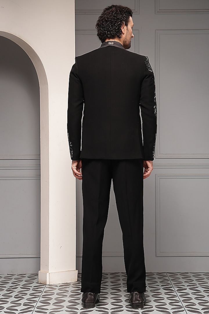Black Premium Suiting Embroidered Tuxedo Set by Soniya G Men at Pernia's Pop Up Shop