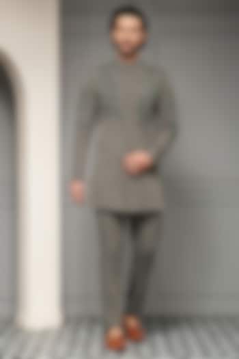 Ash Grey Premium Suiting Motif Embroidered Wedding Bandhgala Set by Soniya G Men at Pernia's Pop Up Shop