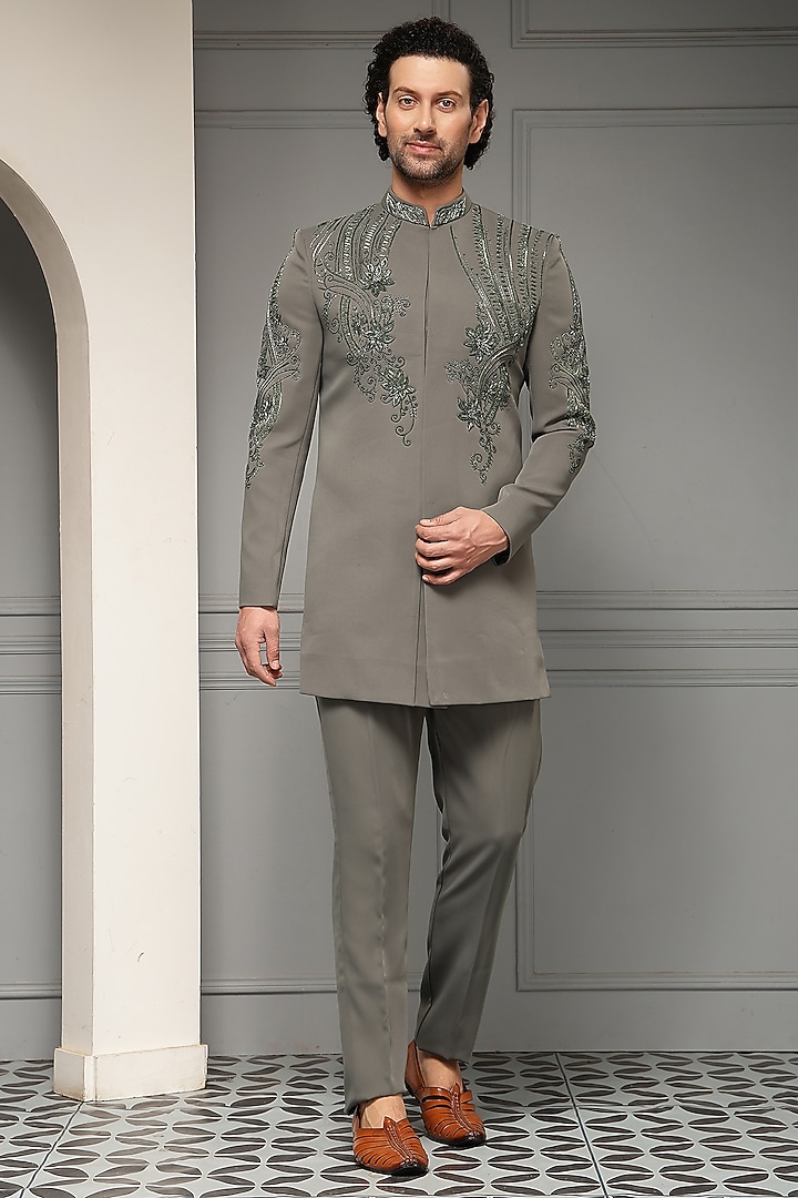 Ash Grey Premium Suiting Motif Embroidered Wedding Bandhgala Set by Soniya G Men at Pernia's Pop Up Shop