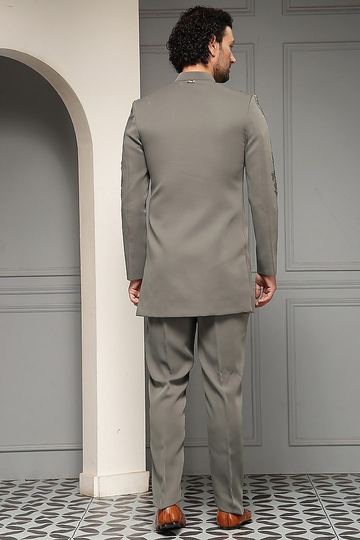Ash Grey Premium Suiting Motif Embroidered Wedding Bandhgala Set by Soniya G Men at Pernia's Pop Up Shop