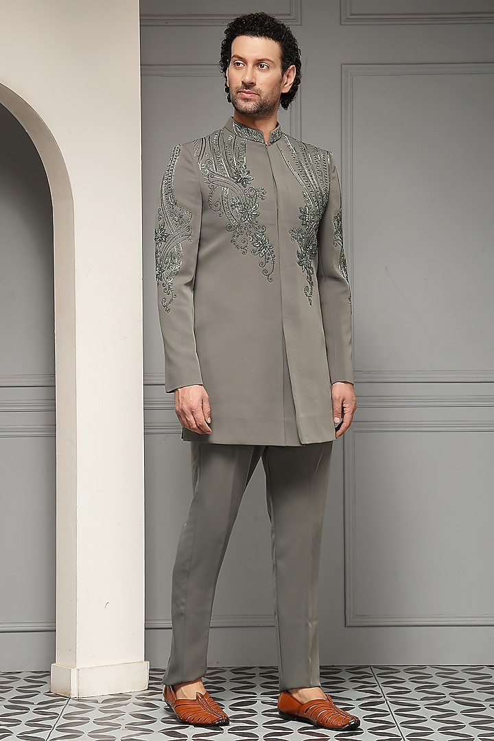 Ash Grey Premium Suiting Motif Embroidered Wedding Bandhgala Set by Soniya G Men at Pernia's Pop Up Shop