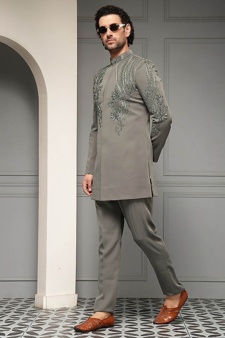 Ash Grey Premium Suiting Motif Embroidered Wedding Bandhgala Set by Soniya G Men at Pernia's Pop Up Shop