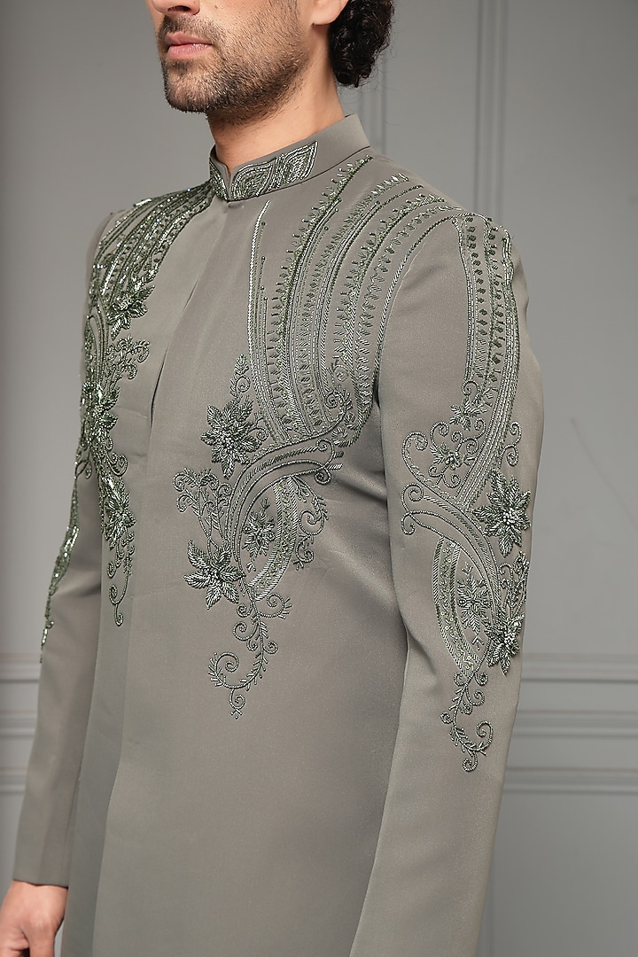 Ash Grey Premium Suiting Motif Embroidered Wedding Bandhgala Set by Soniya G Men at Pernia's Pop Up Shop