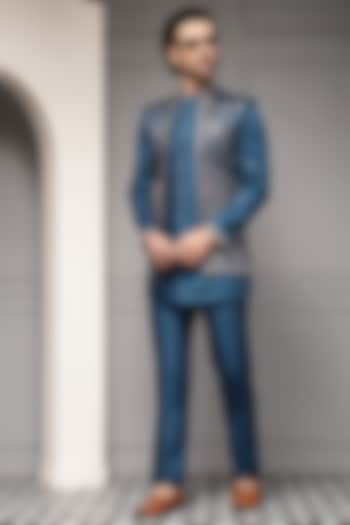 Teal Blue Premium Suiting Motif Embroidered Wedding Bandhgala Set by Soniya G Men at Pernia's Pop Up Shop