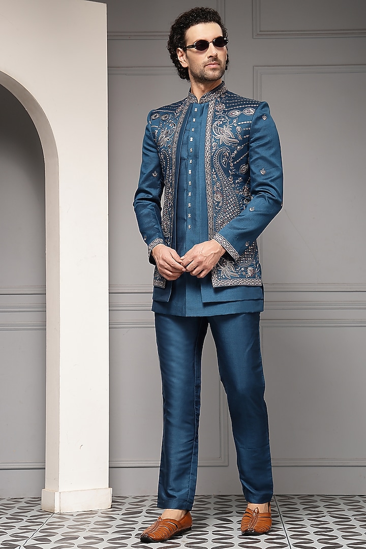 Teal Blue Premium Suiting Motif Embroidered Wedding Bandhgala Set by Soniya G Men at Pernia's Pop Up Shop
