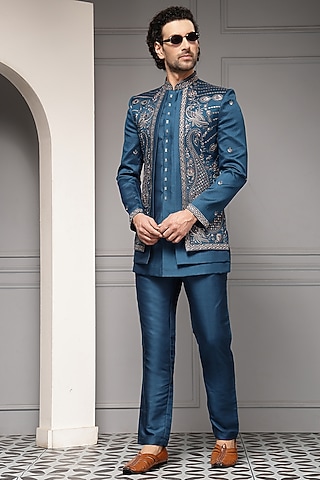 Teal Blue Premium Suiting Motif Embroidered Bandhgala Set by Soniya G Men